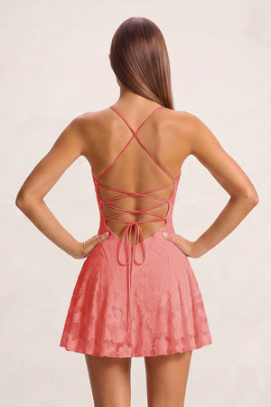 Coral Pink Spaghetti Straps Jacquard Chiffon A-Line Homecoming Dress (4) | SHEISME