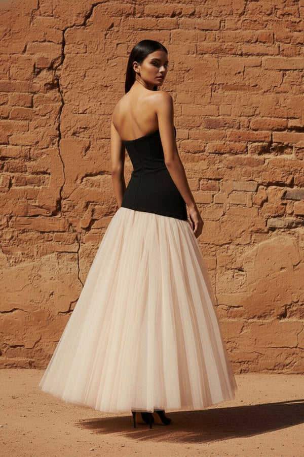 Sheisme-Black and Beige Strapless Tulle A-Line Maxi Evening Formal Dress