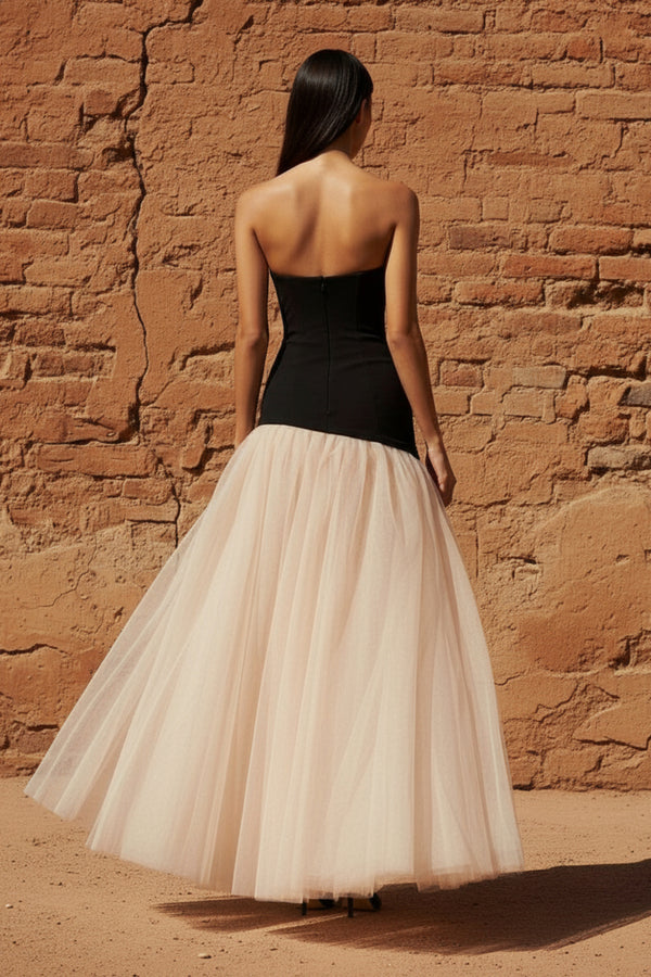Sheisme-Black and Beige Strapless Tulle A-Line Maxi Evening Formal Dress