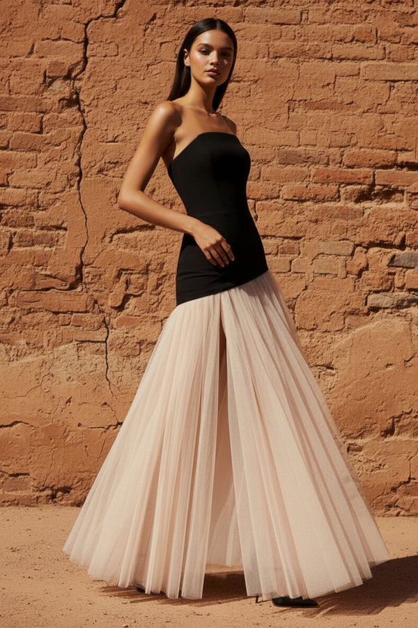 Sheisme-Black and Beige Strapless Tulle A-Line Maxi Evening Formal Dress