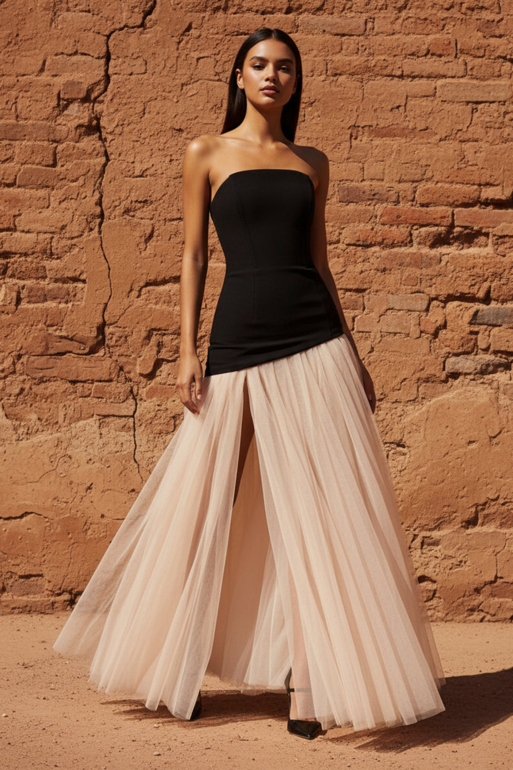 Sheisme-Black and Beige Strapless Tulle A-Line Maxi Evening Formal Dress