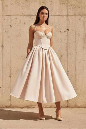Corset Pleated Midi Dress in Champagne - SHE IS ME