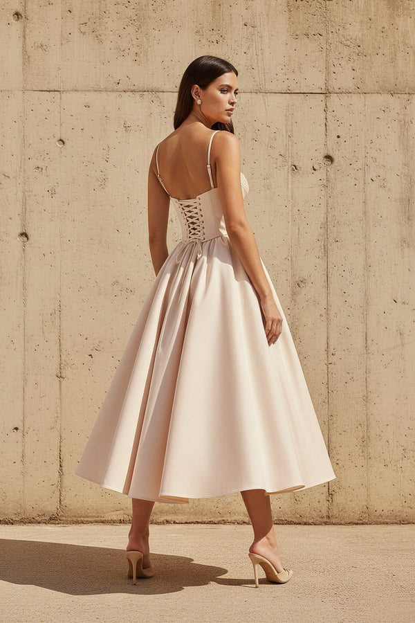 Corset Pleated Midi Dress in Champagne - SHE IS ME