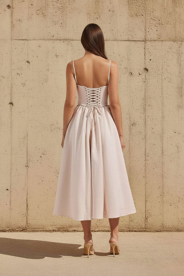 Corset Pleated Midi Dress in Champagne - SHE IS ME