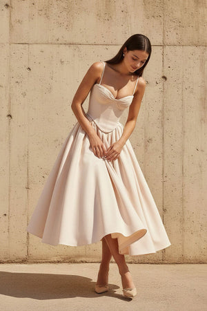 Corset Pleated Midi Dress in Champagne - SHE IS ME