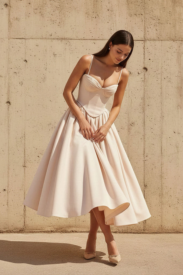Corset Pleated Midi Dress in Champagne - SHE IS ME