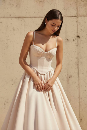 Corset Pleated Midi Dress in Champagne - SHE IS ME