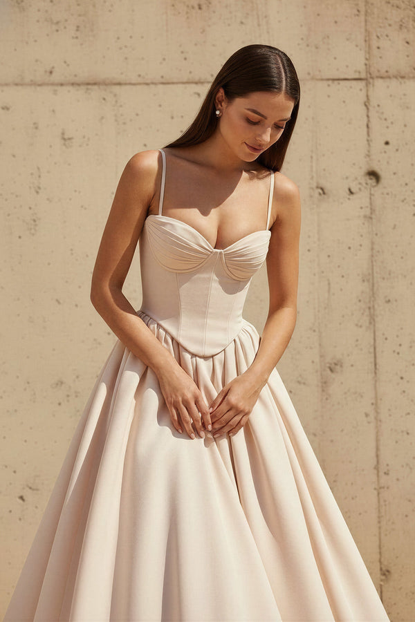 Corset Pleated Midi Dress in Champagne - SHE IS ME