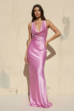 Cowl Neck Backless Maxi Dress in BonBon Pink - SHE IS ME