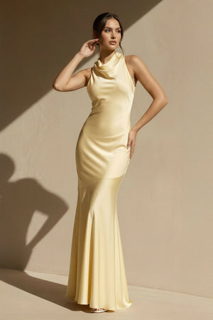 Cowl Neck Backless Maxi Dress in Yellow - SHE IS ME PROM DRESSES