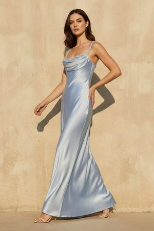 Cowl Neck Gown With Appliques in Sky Blue - SHE IS ME