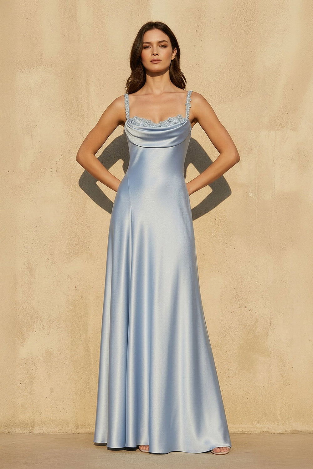 Cowl Neck Gown With Appliques in Sky Blue - SHE IS ME PROM DRESSES