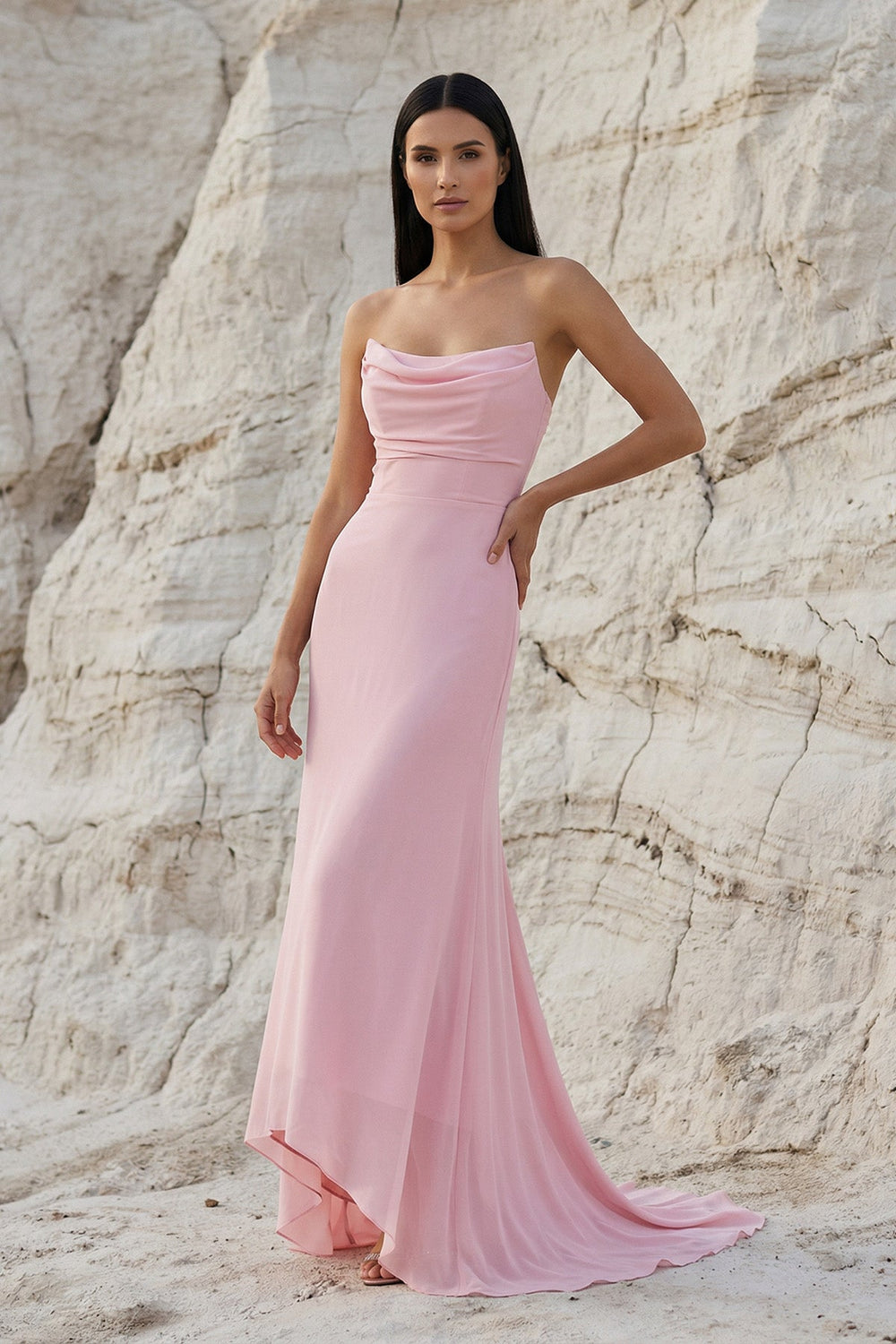 Cowl Neck High Low Maxi Dress in Pink - SHE IS ME PROM DRESSES
