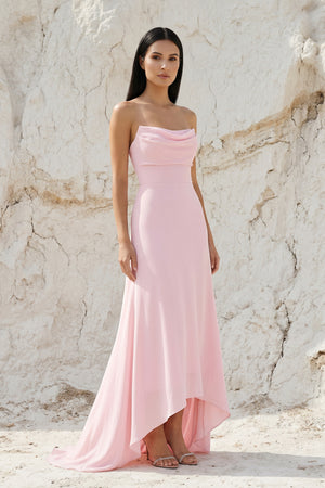Sheisme - Cowl Neck High Low Maxi Dress in Pink