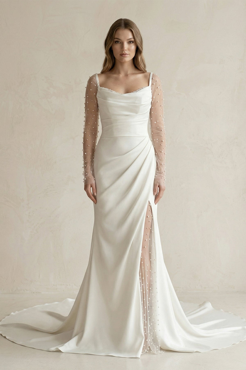 Cowl Neck Mermaid Ruched Satin Long Sleeves Wedding Dress With Slit in White - SHE IS ME Wedding Dresses