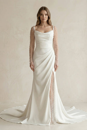 Cowl Neck Mermaid Ruched Satin Long Sleeves Wedding Dress With Slit in White - SHE IS ME Wedding Dresses