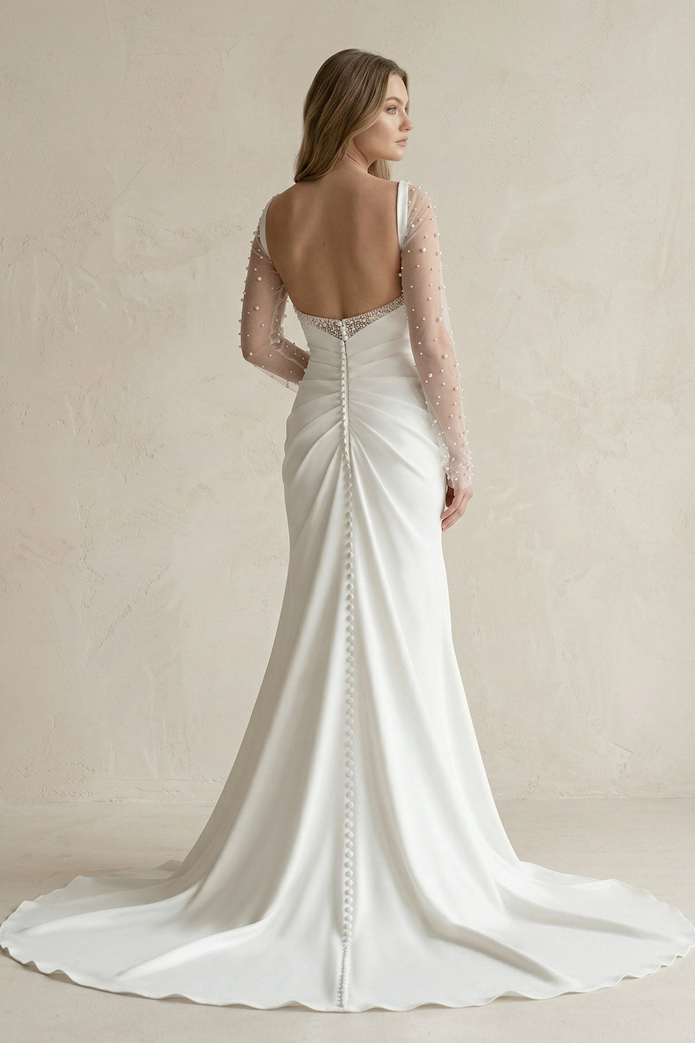 Cowl Neck Mermaid Ruched Satin Long Sleeves Wedding Dress With Slit in White - SHE IS ME Wedding Dresses