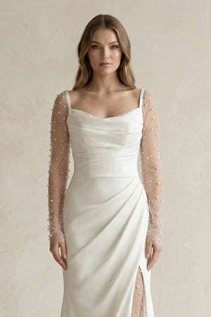Cowl Neck Mermaid Ruched Satin Long Sleeves Wedding Dress With Slit in White - SHE IS ME Wedding Dresses
