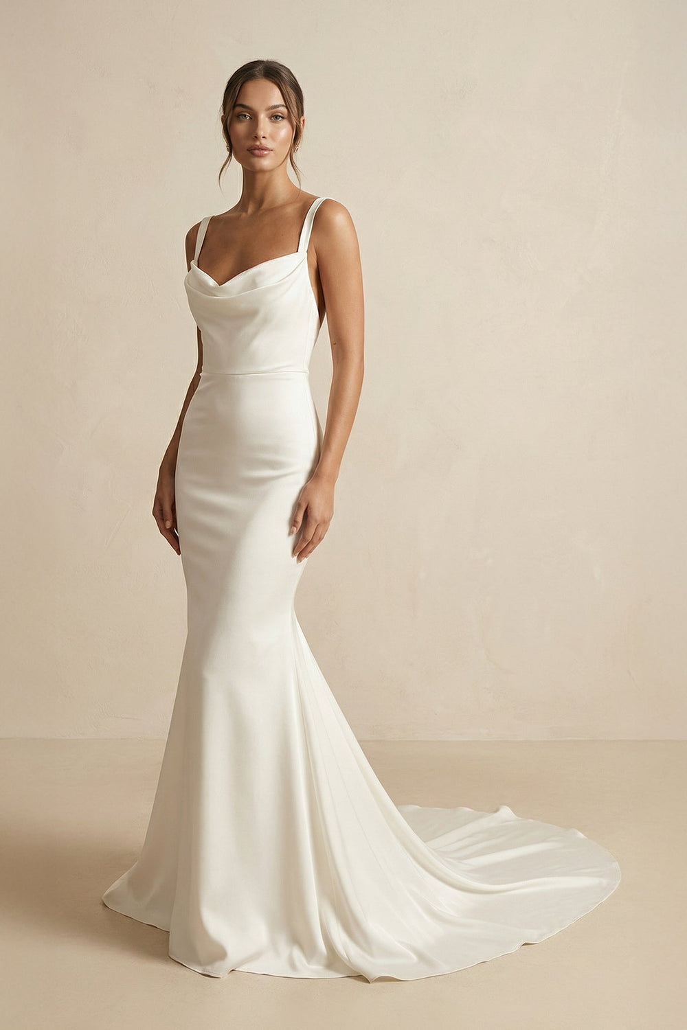 Cowl Neck Mermaid Satin Wedding Dress in Ivory - SHE IS ME Wedding Dresses