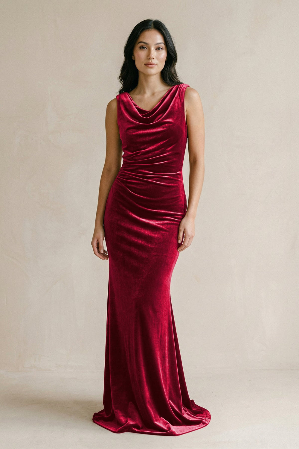 Cowl Neck Mermaid Velvet Bridesmaid Dress in Rosewood - SHE IS ME Bridesmaid Dresses