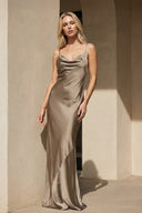 Cowl Neck Open Back Maxi Dress in Brown - SHE IS ME