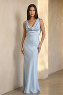 Cowl Neck Open Back Maxi Dress in Sky Blue - SHE IS ME