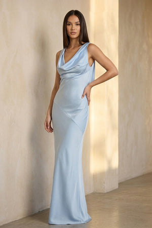 Cowl Neck Open Back Maxi Dress in Sky Blue - SHE IS ME