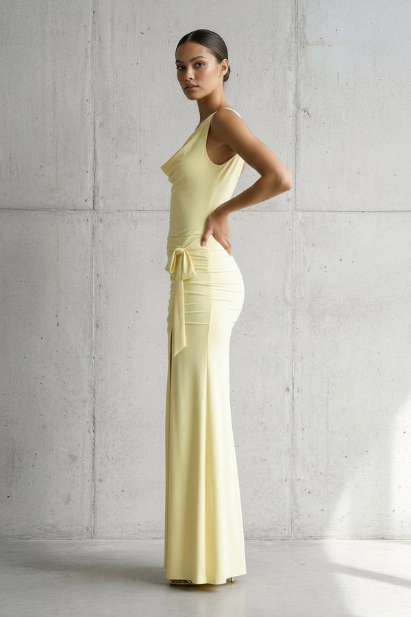 Cowl Neck Ruched Maxi Dress With Slit in Yellow - SHE IS ME