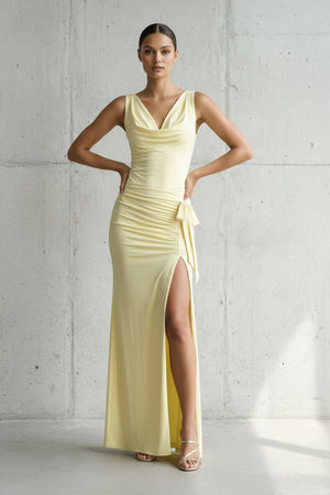 Cowl Neck Ruched Maxi Dress With Slit in Yellow - SHE IS ME