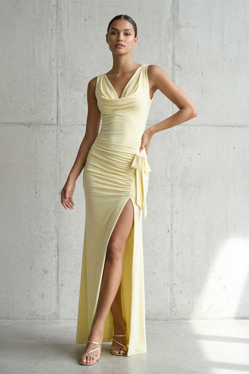 Cowl Neck Ruched Maxi Dress With Slit in Yellow - SHE IS ME