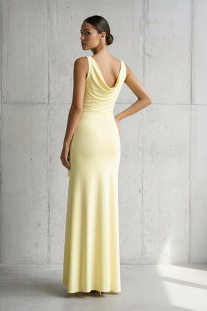 Cowl Neck Ruched Maxi Dress With Slit in Yellow - SHE IS ME