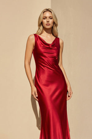 Cowl Neck Satin Maxi Dress in Red - SHE IS ME