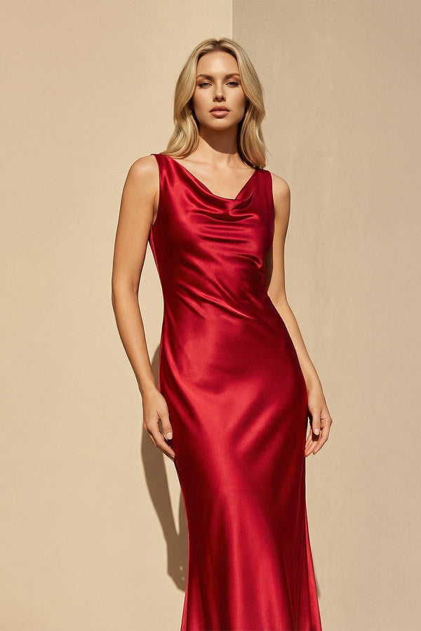 Cowl Neck Satin Maxi Dress in Red - SHE IS ME