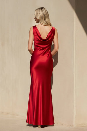 Cowl Neck Satin Maxi Dress in Red - SHE IS ME