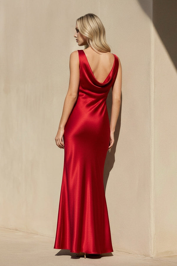 Cowl Neck Satin Maxi Dress in Red - SHE IS ME