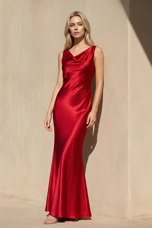 Cowl Neck Satin Maxi Dress in Red - SHE IS ME
