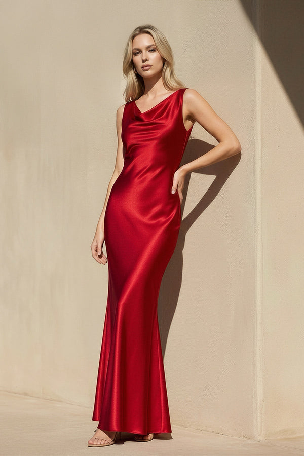 Cowl Neck Satin Maxi Dress in Red - SHE IS ME