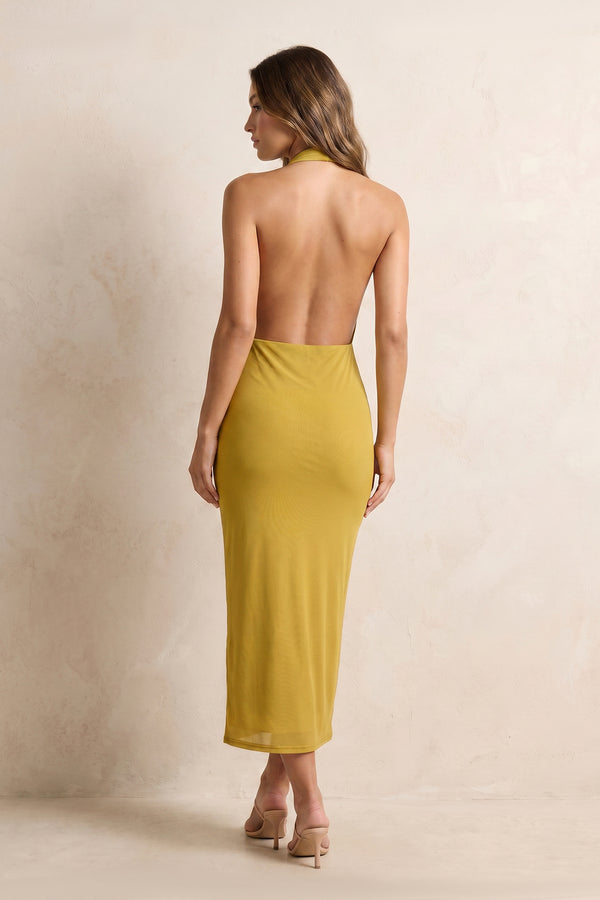 Cowl Neck Sheath Backless Midi Dress in Marigold– SHE IS ME Dresses