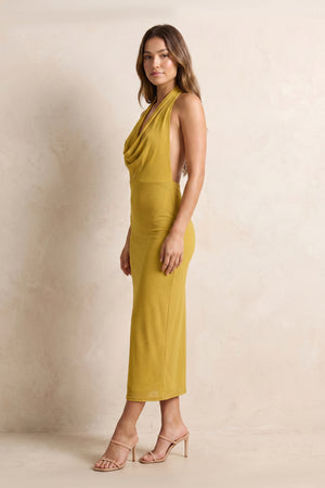 Cowl Neck Sheath Backless Midi Dress in Marigold– SHE IS ME Dresses
