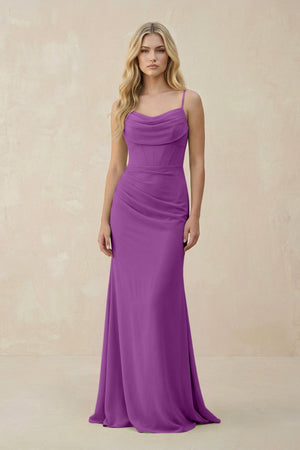 Cowl Neck Sheath Chiffon Bridesmaid Dress with Corset in Amethyst - SHE IS ME Bridesmaid Dresses
