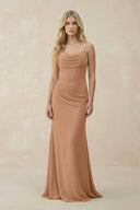 Cowl Neck Sheath Chiffon Bridesmaid Dress with Corset in Bronzer - SHE IS ME Bridesmaid Dresses