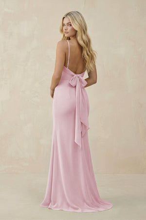 Cowl Neck Sheath Chiffon Bridesmaid Dress with Corset in Candy Pink - SHE IS ME Bridesmaid Dresses