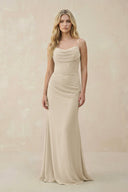 Cowl Neck Sheath Chiffon Bridesmaid Dress with Corset in Champagne - SHE IS ME Bridesmaid Dresses