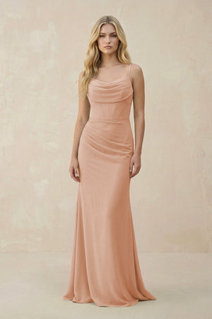 Cowl Neck Sheath Chiffon Bridesmaid Dress with Corset in Champagne Rose - SHE IS ME Bridesmaid Dresses