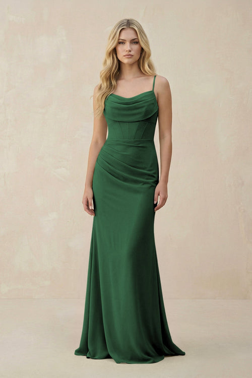 Cowl Neck Sheath Chiffon Bridesmaid Dress with Corset in Dark Green - SHE IS ME Bridesmaid Dresses