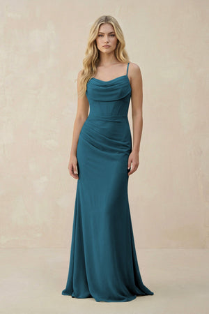 Cowl Neck Sheath Chiffon Bridesmaid Dress with Corset in Dark Teal - SHE IS ME Bridesmaid Dresses