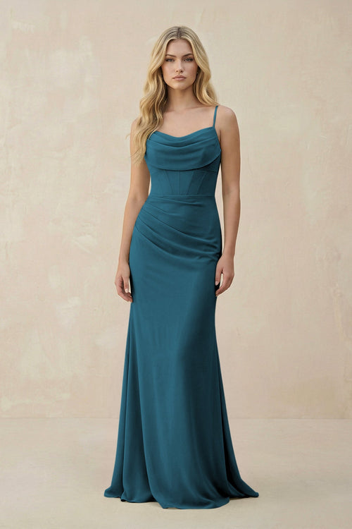 Cowl Neck Sheath Chiffon Bridesmaid Dress with Corset in Dark Teal - SHE IS ME Bridesmaid Dresses