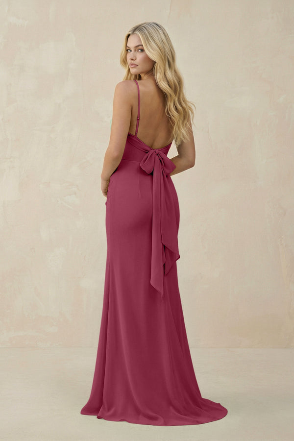 Cowl Neck Sheath Chiffon Bridesmaid Dress with Corset in Desert Rose - SHE IS ME Bridesmaid Dresses