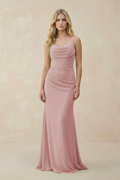 Cowl Neck Sheath Chiffon Bridesmaid Dress with Corset in Dusty Rose - SHE IS ME Bridesmaid Dresses
