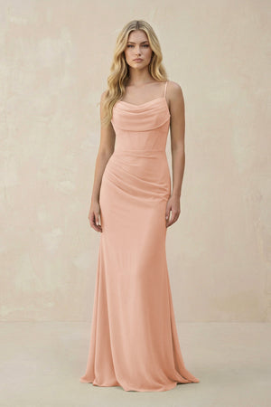 Cowl Neck Sheath Chiffon Bridesmaid Dress with Corset in English Rose - SHE IS ME Bridesmaid Dresses
